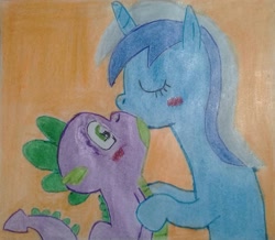 Size: 1847x1610 | Tagged: artist needed, source needed, safe, character:minuette, character:spike, blushing, female, hug, interspecies, kissing, love, male, shipping, spigate, straight, traditional art