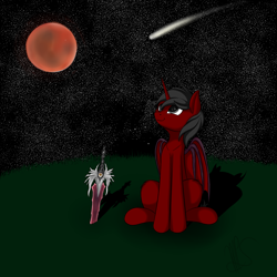 Size: 2000x2000 | Tagged: artist needed, safe, oc, species:alicorn, species:bat pony, species:pony, bat pony alicorn, bat pony oc, blood moon, comet, full moon, looking up, moon, night, red and black oc, solo, soul calibur, soul edge, stargazing, stars