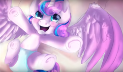 Size: 1107x653 | Tagged: artist needed, safe, character:princess flurry heart, species:alicorn, species:pony, baby, baby blanket, baby flurry heart, baby pony, big wings, blanket, crib, crib blanket, cute, cute baby, dawwww, diaper, diapered, diapered filly, female, filly, flurrybetes, happy, happy baby, hooves up, infant, infant flurry heart, looking at you, looking up, lying down, newborn, newborn baby, newborn filly, newborn infant, open mouth, pillow, reaching, reaching for you, reaching up, spread hooves, spread wings, white diaper, wings