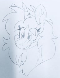 Size: 2836x3682 | Tagged: artist needed, safe, oc, oc only, oc:scoops, species:pony, species:unicorn, blaze (coat marking), chest fluff, female, freckles, horn, mare, markings, monochrome, solo, traditional art, unicorn oc