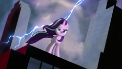 Size: 1200x675 | Tagged: artist needed, safe, edit, character:starlight glimmer, species:pony, species:unicorn, episode:the ending of the end, g4, my little pony: friendship is magic, badass, batman the animated series, female, lightning, mare, skyscraper, solo, starlight glimmer in places she shouldn't be, windswept mane