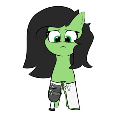 Size: 1159x1151 | Tagged: artist needed, safe, oc, oc only, oc:filly anon, species:earth pony, species:pony, amputee, bandage, female, filly, frown, looking down, prosthetic limb, prosthetics, sad, simple background, solo, white background