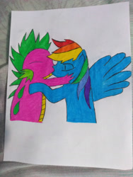 Size: 3120x4160 | Tagged: artist needed, safe, character:rainbow dash, character:spike, ship:rainbowspike, female, hug, kissing, love, male, shipping, straight, traditional art