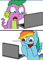 Size: 438x620 | Tagged: artist needed, safe, character:rainbow dash, character:spike, species:dragon, species:pegasus, species:pony, ship:rainbowspike, computer, female, laptop computer, male, mare, shipping, straight