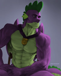 Size: 1080x1331 | Tagged: artist needed, safe, edit, character:spike, species:dragon, episode:the last problem, g4, my little pony: friendship is magic, abs, buff, chad, color edit, colored, gigachad, gigachad spike, jewelry, lidded eyes, male, medal, meme, muscles, necklace, older, older spike, sitting, smiling, smirk, solo, stupid sexy spike, vein, winged spike