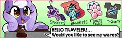 Size: 320x100 | Tagged: artist needed, safe, character:princess ember, character:rainbow dash, character:twilight sparkle, character:twilight sparkle (alicorn), oc, oc:aether naut, species:alicorn, species:earth pony, species:pegasus, species:pony, advertisement, blanket, clothing, female, mousepad, picture for breezies, question, shirt, sticker, t-shirt, text, traveling pony museum