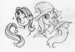 Size: 1760x1235 | Tagged: artist needed, source needed, safe, character:starlight glimmer, character:trixie, species:pony, species:unicorn, cute, female, mare, monochrome, one eye closed, pencil drawing, simple background, smiling, traditional art, white background, wink