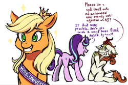 Size: 732x489 | Tagged: artist needed, safe, character:applejack, character:autumn blaze, character:starlight glimmer, species:earth pony, species:kirin, species:pony, species:unicorn, /mlp/, anatomically incorrect, begging, crown, dialogue, female, floppy ears, incorrect leg anatomy, jewelry, kneeling, mare, miss universe, regalia, sash, simple background, smiling, sweat, white background