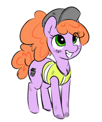 Size: 712x852 | Tagged: artist needed, safe, oc, species:pony, cap, chest fluff, clothing, freckles, garbage bin, garbage mare, hat, looking at you, ponytail, reflective vest, simple background, smiling, solo