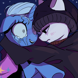 Size: 800x800 | Tagged: artist needed, safe, character:trixie, oc, oc:anon, species:earth pony, species:pony, species:unicorn, /mlp/, 4chan, beanie, blushing, cape, clothing, crying, doomer, female, hat, hoodie, hug, male, mare, open mouth, shocked, stallion, trixie's cape