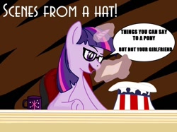Size: 798x598 | Tagged: artist needed, safe, character:twilight sparkle, species:pony, species:unicorn, clothing, crossover, female, glasses, hat, mare, mug, parody, scenes from a hat, sitting, solo, whose line is it anyway