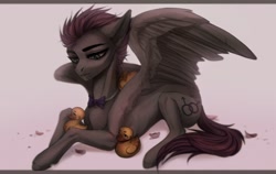 Size: 2268x1437 | Tagged: safe, artist:livingcolor1234, oc, oc only, oc:gaysi, species:pegasus, species:pony, bow tie, lying down, male, petals, rubber duck, simple background, solo, spread wings, stallion, white background, wings