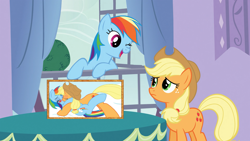 Size: 1280x720 | Tagged: safe, edit, edited screencap, screencap, character:applejack, character:rainbow dash, species:earth pony, species:pony, ship:appledash, episode:spike at your service, g4, my little pony: friendship is magic, female, kissing, lesbian, mare, one eye closed, shipping, unsure, wink