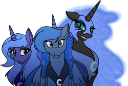 Size: 853x574 | Tagged: artist needed, safe, character:nightmare moon, character:princess luna, species:alicorn, species:pony, ethereal mane, galaxy mane, lunar trinity, s1 luna, self ponidox, simple background, transparent background, triality