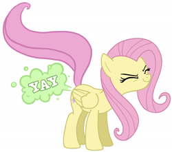Size: 2047x1810 | Tagged: artist needed, source needed, safe, character:fluttershy, species:pegasus, species:pony, artifact, eyes closed, fart, fart noise, female, flutteryay, mare, onomatopoeia, raised tail, simple background, smiling, solo, sound effects, toilet humor, white background, yay