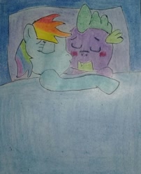Size: 1456x1802 | Tagged: artist needed, safe, character:rainbow dash, character:spike, species:dragon, species:pegasus, species:pony, ship:rainbowspike, bed, female, hug, kissing, male, shipping, sleeping, straight, traditional art