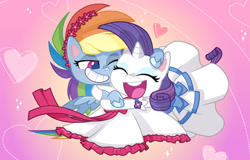 Size: 1011x647 | Tagged: artist needed, safe, character:rainbow dash, character:rarity, species:pegasus, species:pony, species:unicorn, ship:raridash, g4.5, my little pony:pony life, blushing, clothing, dress, eyes closed, eyeshadow, female, floral head wreath, flower, glomp, grin, hug, lesbian, makeup, mare, shipping, smiling, wedding dress
