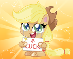 Size: 1246x1012 | Tagged: artist needed, safe, character:applejack, species:earth pony, species:pony, g4.5, my little pony:pony life, applejack's hat, clothing, cowboy hat, crying, cuckold, female, hat, mare, op is a duck, open mouth, pony life applejack's sign, sad, sign, smiling, solo, straw in mouth, sunburst background, unshorn fetlocks