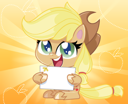 Size: 1246x1012 | Tagged: artist needed, safe, edit, character:applejack, species:earth pony, species:pony, g4.5, my little pony:pony life, applejack's hat, clothing, cowboy hat, female, hat, mare, open mouth, pony life applejack's sign, sad, sign, smiling, solo, straw in mouth, sunburst background, template, unshorn fetlocks