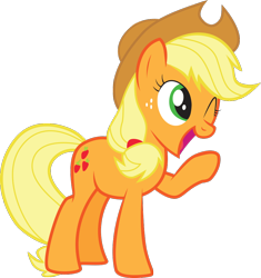 Size: 932x993 | Tagged: safe, artist:filpapersoul, character:applejack, species:earth pony, species:pony, female, mare, one eye closed, open mouth, raised hoof, simple background, smiling, transparent background, vector, wink