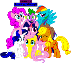 Size: 2180x1930 | Tagged: artist needed, safe, artist:allet the cat, editor:cocoa bittersweet, character:applejack, character:fluttershy, character:pinkie pie, character:rainbow dash, character:rarity, character:spike, character:twilight sparkle, character:twilight sparkle (alicorn), species:alicorn, species:dragon, species:earth pony, species:pegasus, species:pony, species:unicorn, cute, cutie mark, female, looking at you, lying down, male, mane seven, mane six, mane six opening poses, manepxls, mare, one eye closed, pixel art, prone, pxls.space, simple background, sitting, smiling, transparent background, wink