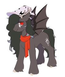 Size: 1014x1200 | Tagged: artist needed, safe, artist:十八, oc, oc only, species:bat pony, species:pony, 2020 community collab, derpibooru community collaboration, clothing, fangs, female, hat, horns, mare, monocle, piercing, scarf, simple background, solo, transparent background, unshorn fetlocks