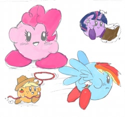 Size: 700x656 | Tagged: artist needed, safe, character:applejack, character:pinkie pie, character:rainbow dash, character:twilight sparkle, book, crossover, kirby, kirby (character), kirby applejack, kirby dash, kirby pie, kirby twilight, kirbyfied, lasso, rope, species swap