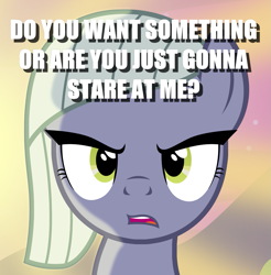 Size: 1297x1317 | Tagged: artist needed, safe, edit, character:limestone pie, species:earth pony, species:pony, bronybait, bust, caption, cropped, female, image macro, mare, solo, text