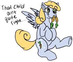 Size: 703x594 | Tagged: artist needed, safe, oc, oc only, parent:carrot top, parent:derpy hooves, parents:derpytop, species:pegasus, species:pony, carrot, female, food, magical lesbian spawn, mare, offspring, simple background, smiling, solo, transparent background