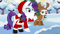 Size: 1600x901 | Tagged: artist needed, safe, character:rarity, character:sweetie belle, species:deer, species:pony, species:reindeer, species:unicorn, episode:forever filly, g4, my little pony: friendship is magic, animal costume, antlers, christmas, christmas tree, clothing, costume, fake beard, female, filly, hat, holiday, looking at you, mare, red nose, reindeer costume, santa claus, santa costume, santa hat, siblings, sisters, snow, sweetie belle is not amused, tree, unamused, winter