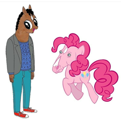 Size: 1080x1072 | Tagged: artist needed, source needed, useless source url, safe, character:pinkie pie, species:anthro, species:earth pony, species:pony, anthro with ponies, bojack horseman, colored, crossover, cursed image, duo, face swap, faec, female, happy, head swap, hoers, horse, horse face, looking back, majestic as fuck, mare, nightmare fuel, no seriously what, not salmon, open mouth, ponified, raised hoof, simple background, smiling, trotting, wat, what has science done, white background, wide eyes