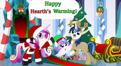 Size: 1210x660 | Tagged: artist needed, safe, character:princess cadance, character:princess flurry heart, character:shining armor, species:alicorn, species:deer, species:pony, species:reindeer, species:unicorn, animal costume, antlers, baby, baby pony, bell, candy, candy cane, christmas, christmas tree, clothing, costume, crystal empire, cute, elf hat, fake beard, female, flurrybetes, food, happy hearth's warming, hat, hearth's warming, hearth's warming tree, holiday, horn, jingle bells, male, mare, merry christmas, present, red nose, reindeer antlers, reindeer costume, rudolph the red nosed reindeer, santa beard, santa claus, santa costume, santa hat, santa hooves, sleigh, stallion, tree, wreath