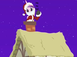 Size: 994x735 | Tagged: artist needed, safe, character:princess cadance, species:alicorn, species:pony, chimney, christmas, clothing, costume, female, hat, ho ho ho, holiday, mare, night, rooftop, santa claus, santa costume, santa hat, solo, stars