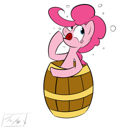 Size: 1024x1024 | Tagged: artist needed, safe, character:pinkie pie, species:pony, barrel, drunk, drunkie pie, female, pinkiepieskitchen, simple background, solo, tongue out, white background