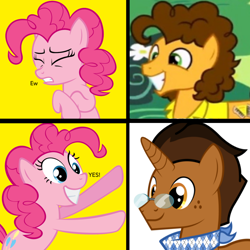 Size: 1440x1440 | Tagged: artist needed, safe, artist:imperfectxiii, edit, character:cheese sandwich, character:pinkie pie, oc, oc:copper plume, species:earth pony, species:pony, species:unicorn, canon x oc, denial, female, hotline bling, implied infidelity, male, mare, meme, stallion