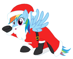 Size: 1024x829 | Tagged: artist needed, safe, character:rainbow dash, species:pegasus, species:pony, belt, boots, christmas, clothing, costume, fake beard, female, flying, hat, holiday, mare, raised hoof, santa beard, santa claus, santa costume, santa hat, santa hooves, shoes, simple background, solo, transparent background, vector, wings
