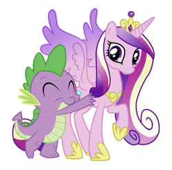 Size: 750x739 | Tagged: artist needed, safe, edit, editor:undeadponysoldier, character:princess cadance, character:spike, species:alicorn, species:dragon, species:pony, ship:spikedance, crown, cute, female, hug, infidelity, jewelry, male, mare, raised hoof, regalia, shipping, simple background, straight, white background