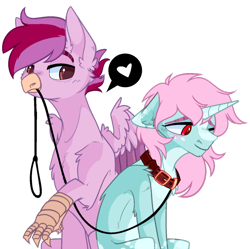 Size: 800x797 | Tagged: artist needed, safe, oc, oc only, oc:cayde, oc:scoops, species:griffon, species:pony, species:unicorn, beak, blaze (coat marking), blushing, claws, collar, female, freckles, heart, horn, leash, male, mare, markings, multicolored hair, simple background, smiling, transparent background, wings