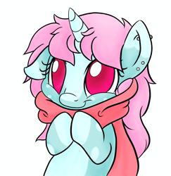 Size: 3580x3680 | Tagged: artist needed, safe, oc, oc only, oc:scoops, species:pony, species:unicorn, clothing, cute, ear piercing, floppy ears, no pupils, ocbetes, piercing, scarf, simple background, solo, unicorn oc, white background