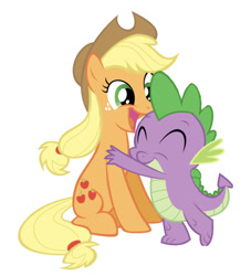 Size: 750x826 | Tagged: artist needed, safe, edit, editor:undeadponysoldier, character:applejack, character:spike, species:dragon, species:earth pony, species:pony, ship:applespike, clothing, cute, female, freckles, happy, hat, hug, jackabetes, male, mare, shipping, simple background, spikabetes, straight, white background