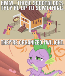 Size: 641x752 | Tagged: safe, edit, edited screencap, editor:undeadponysoldier, screencap, character:scootaloo, character:spike, species:dragon, species:pegasus, species:pony, episode:owl's well that ends well, g4, my little pony: friendship is magic, caption, chicken coop, chicken run, dead meme, female, filly, golden oaks library, grocers' apostrophe, image macro, implied twilight sparkle, male, meme, organized, reference, scootachicken, text