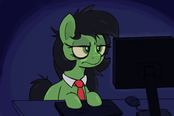 Size: 1920x1280 | Tagged: artist needed, safe, oc, oc:filly anon, species:pony, computer, female, filly, necktie, solo, tired