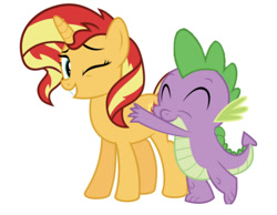 Size: 750x583 | Tagged: artist needed, safe, edit, editor:undeadponysoldier, character:spike, character:sunset shimmer, species:dragon, species:pony, species:unicorn, ship:sunsetspike, female, hug, hug from behind, male, mare, one eye closed, ponified, shipping, simple background, straight, white background, wink