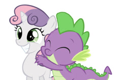 Size: 750x475 | Tagged: artist needed, safe, edit, editor:undeadponysoldier, character:spike, character:sweetie belle, species:dragon, species:pony, species:unicorn, ship:spikebelle, cute, diasweetes, female, filly, happy, hug, hug from behind, male, shipping, simple background, straight, white background