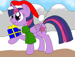 Size: 1024x768 | Tagged: safe, artist:adean-the-wolf-dragon, artist:wolfspiritclan, character:twilight sparkle, character:twilight sparkle (alicorn), species:alicorn, species:pony, christmas, clothing, female, hat, hearts warming day, holiday, mountain, present, santa hat, snow, solo