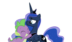Size: 750x435 | Tagged: artist needed, safe, edit, editor:undeadponysoldier, character:princess luna, character:spike, species:alicorn, species:dragon, species:pony, crown, female, hug, jewelry, male, mare, regalia, shipping, simple background, spikelove, spiluna, straight, white background