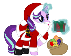Size: 1024x803 | Tagged: artist needed, safe, character:starlight glimmer, species:pony, species:unicorn, boots, christmas, clothing, costume, fake beard, female, glowing horn, hat, holiday, horn, looking at you, magic, mare, present, raised hoof, sack, santa beard, santa claus, santa costume, santa hat, santa sack, shoes, simple background, solo, telekinesis, transparent background, vector