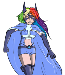 Size: 985x1132 | Tagged: artist needed, safe, character:rainbow dash, species:human, cape, clothing, dc comics, female, gritted teeth, humanized, huntress, simple background, solo, white background
