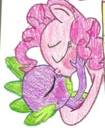 Size: 461x560 | Tagged: artist needed, safe, character:pinkie pie, character:spike, ship:pinkiespike, female, kissing, male, shipping, straight, traditional art