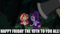 Size: 1280x720 | Tagged: safe, edit, edited screencap, screencap, character:sunset shimmer, character:twilight sparkle, character:twilight sparkle (scitwi), species:eqg human, equestria girls:legend of everfree, g4, my little pony:equestria girls, axe, bag, belt, belt buckle, bush, camp everfree, camp everfree logo, camp everfree outfits, caption, clothing, cutie mark, cutie mark clothes, exclamation point, eyes open, fear, female, forest, friday the 13th, glasses, grass, hairpin, implied timber spruce, logo, meme, night, numbers, offscreen character, open eyes, open mouth, out of context, outdoors, outfit, pocket, pockets, ponytail, scared, shirt, shorts, sleeping bag, standing, standing up, stars, symbol, teeth, text, text edit, tree, wall of tags, weapon, woman